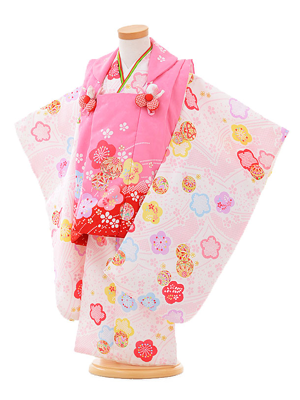  3歳 女の子 着物 （被布） / 白 × ﾋﾟﾝｸ   / 七五三・街歩き